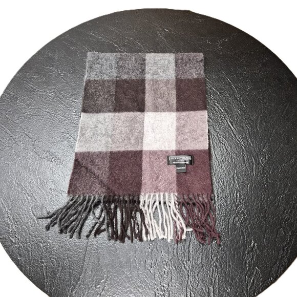 VTG Jeffrey Banks Wool Scarf Plaid Chocolate Grey Preppy Fringe Dark Academia - Picture 2 of 5